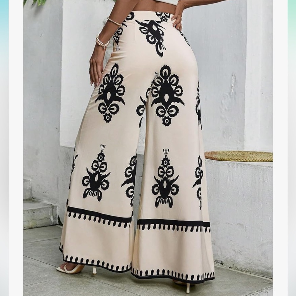 1103. Boho Print High Waist Wide Leg Pants Casual Long Pant - Picture 2 of 2